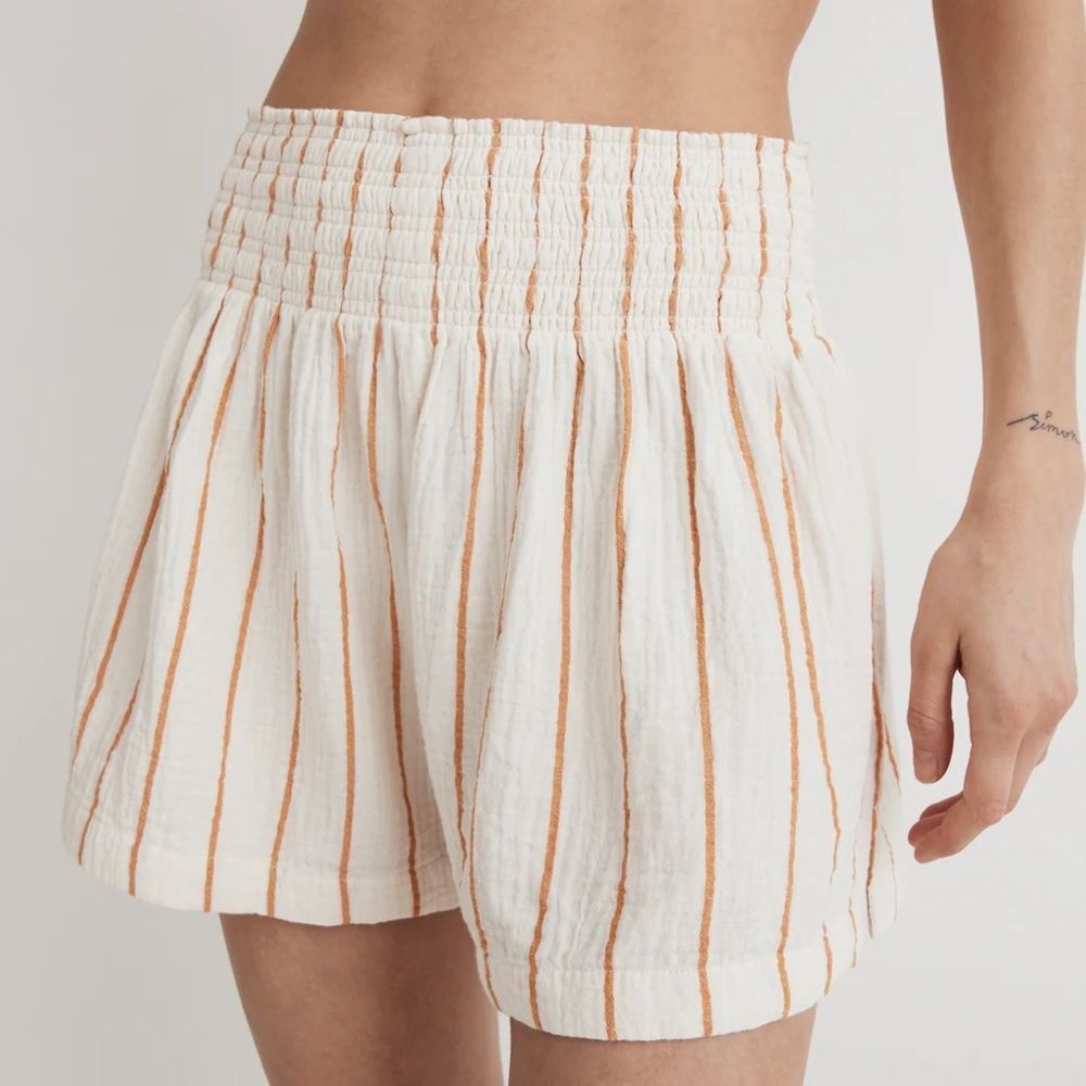 NWT Madewell Lightspun Smocked High-Rise Shorts Cream & Orange Stripe Size XS
